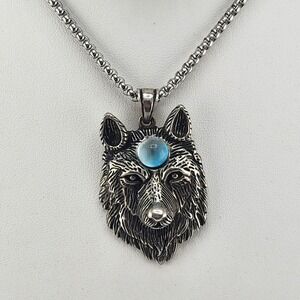 Viking Wolf Head Necklace Silver‎ Tone
